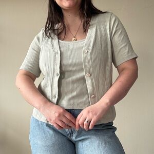 Madewell Ribbed Short-Sleeve Cardigan & Tank Set - Sage
